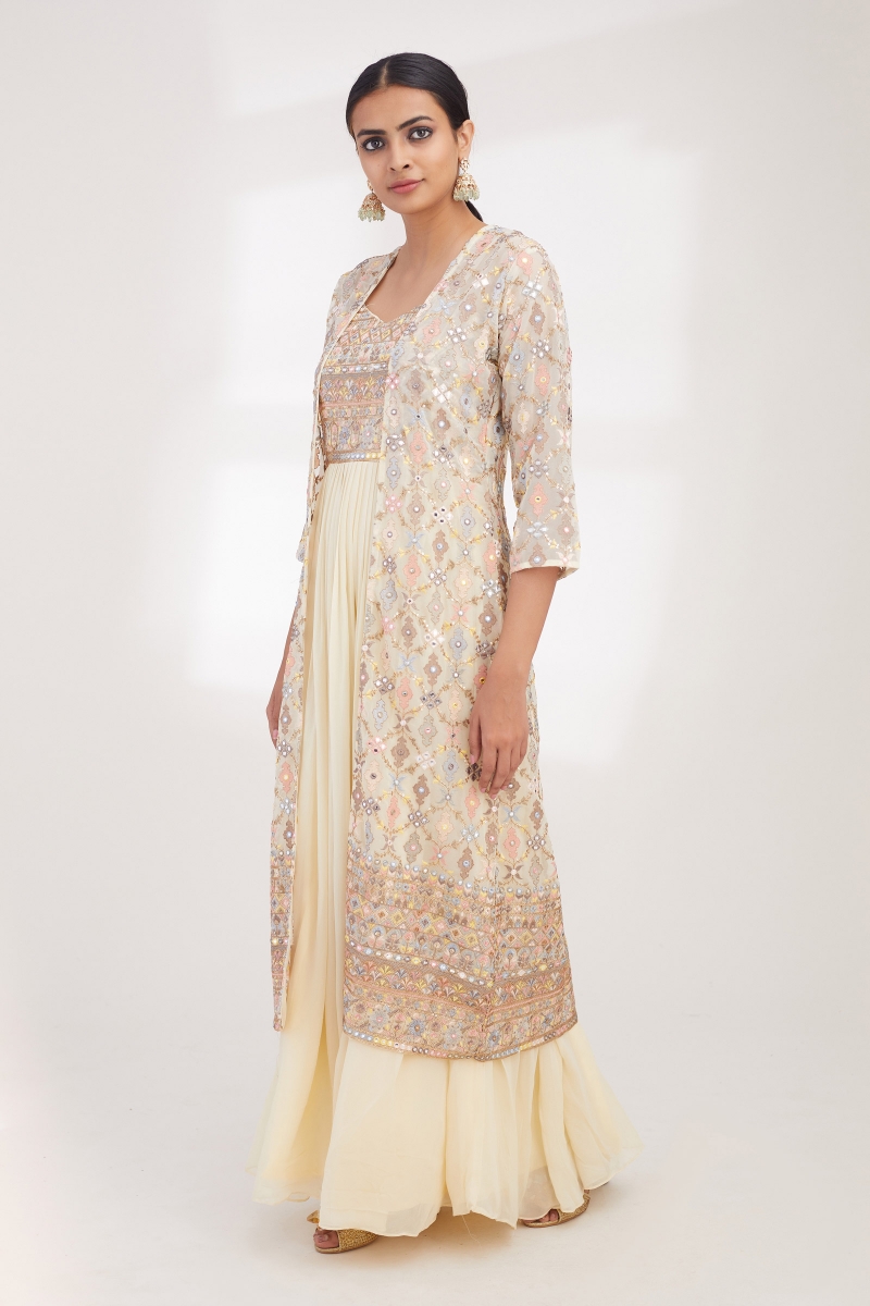 Beige Mashru Silk & Satin Crepe Embellished Gown With Jacket Design by  SEJAL KAMDAR at Pernia's Pop Up Shop 2024