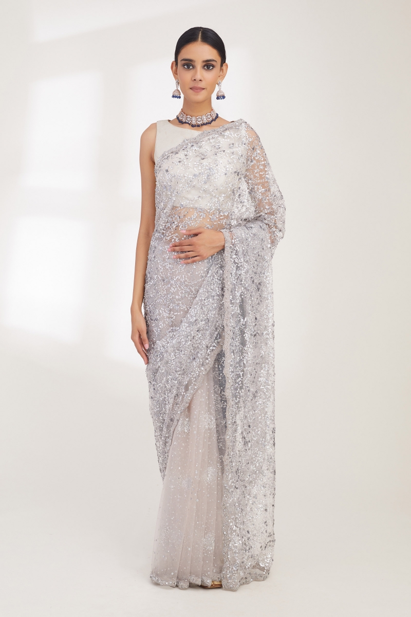 Buy Silver Champagne Sequin Saree For Women Online