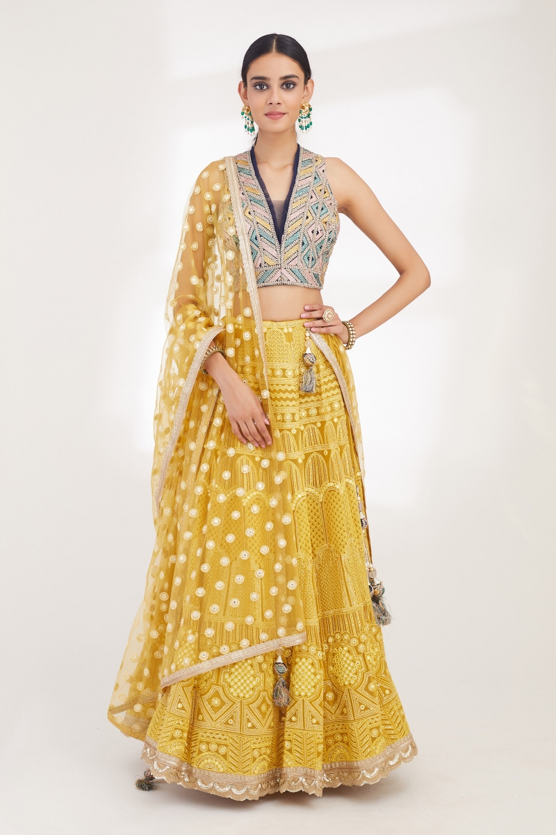 Buy Blue and Yellow Chikankari Lehenga 