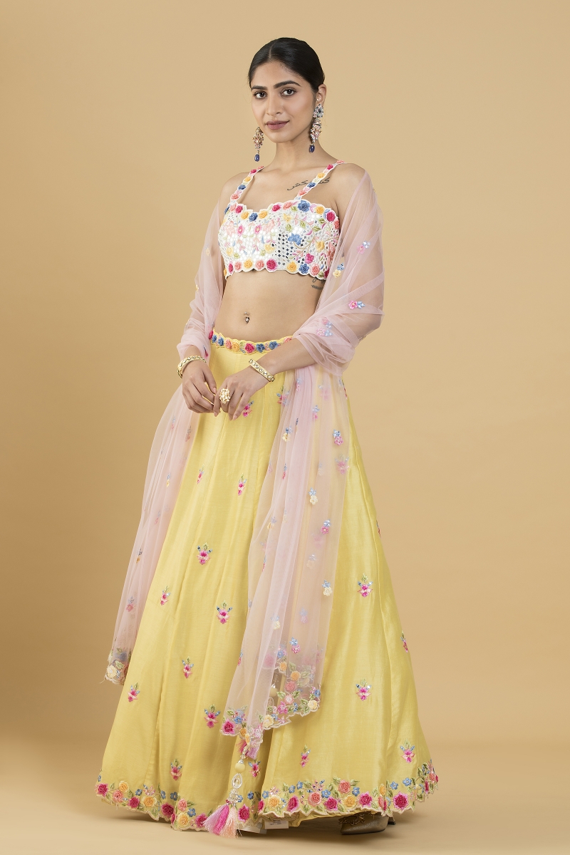 Buy Lemon Yellow 3D Floral Lehenga For Women Online Frontierraas