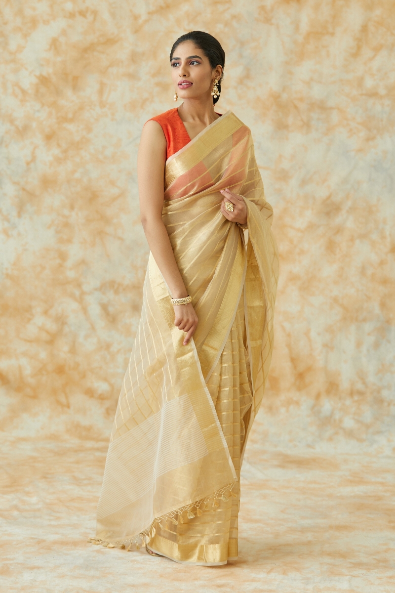 Buy Golden Tissue Metallic Saree For Women Online - Frontierraas