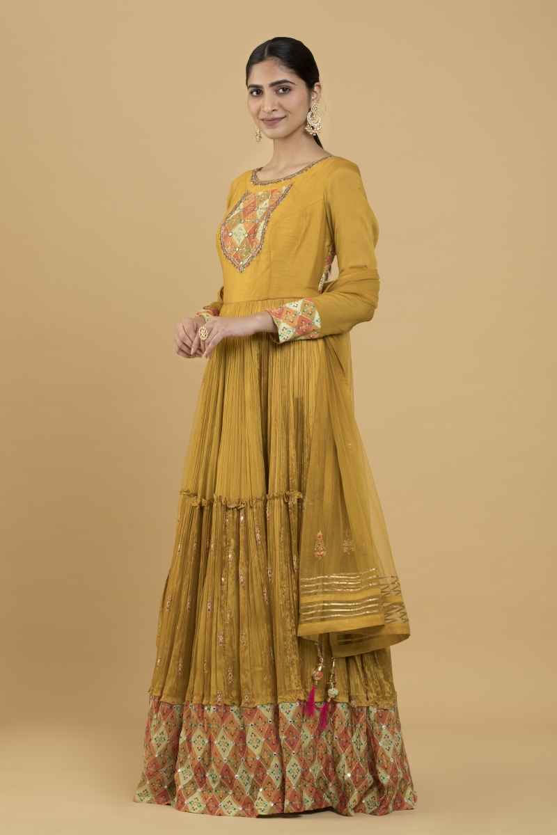 Buy Mustard Multicolour Mirror Work Chiffon Anarkali For Women ...