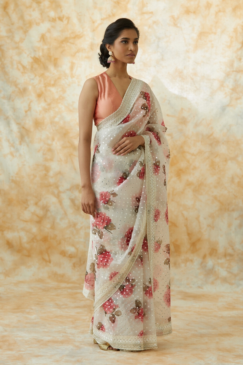 Buy Ivory Organza Floral Print Saree 