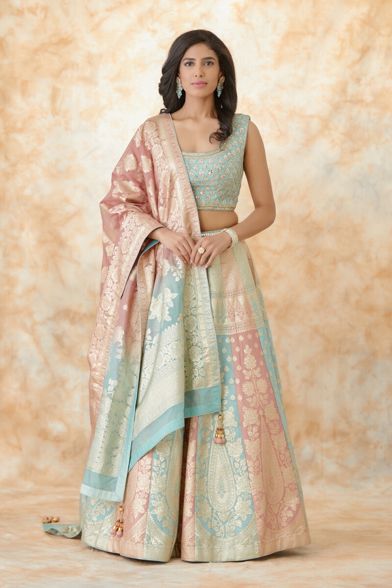 Buy Maya Blue Pink Banarasi Silk Lehenga For Women Online Frontierraas
