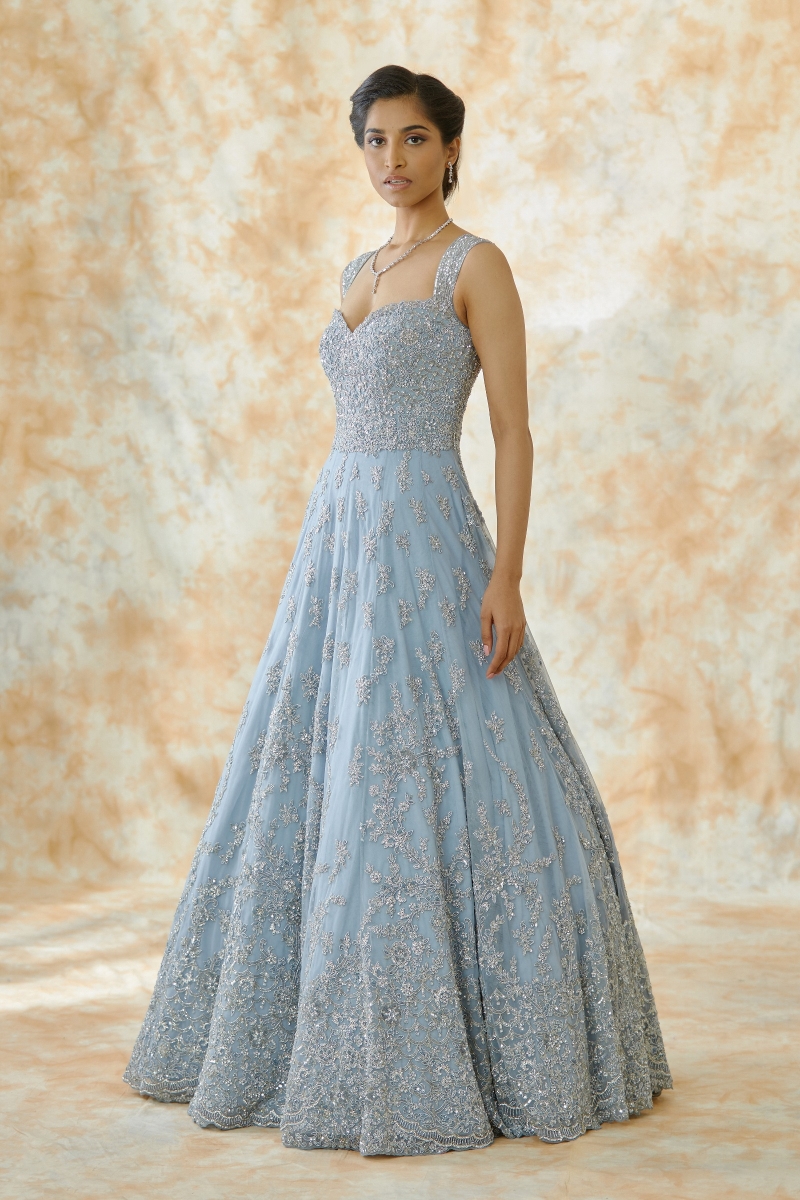 Buy Sky Blue Stonework Net Designer Gown - Koskii