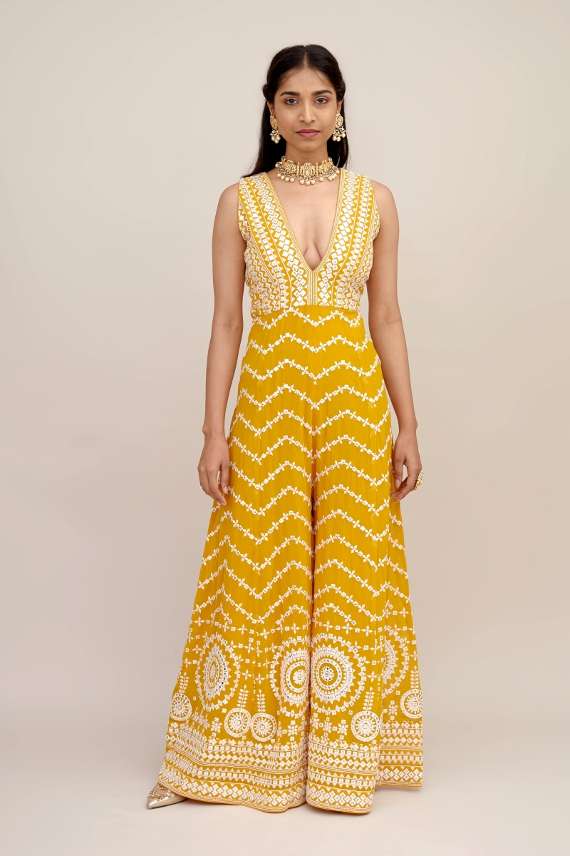 Buy Canary Yellow Georgette Jumpsuit For Women Online Frontierraas