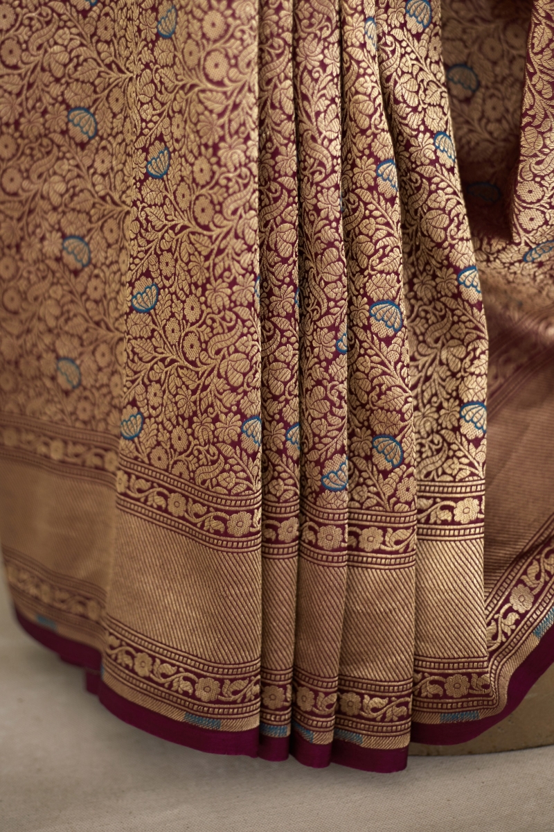 Indian Sari Fabric Magenta Brocade Silk Banaras Silk