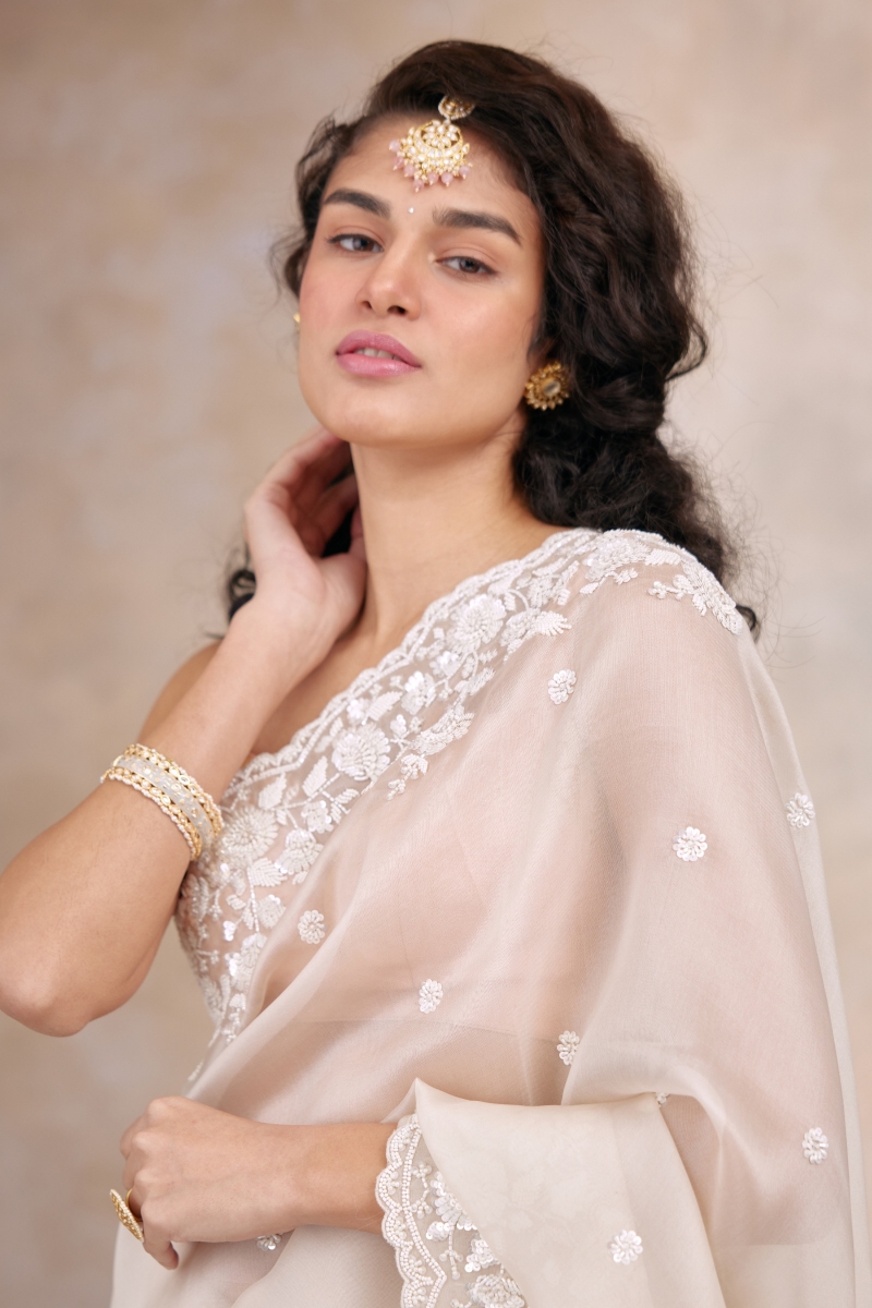 Pearl White Silk Saree Pearl White Organza Saree- Frontier Raas