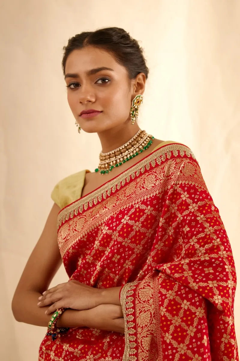Vermillion Red Bandhani Banarasi Saree - Main Image