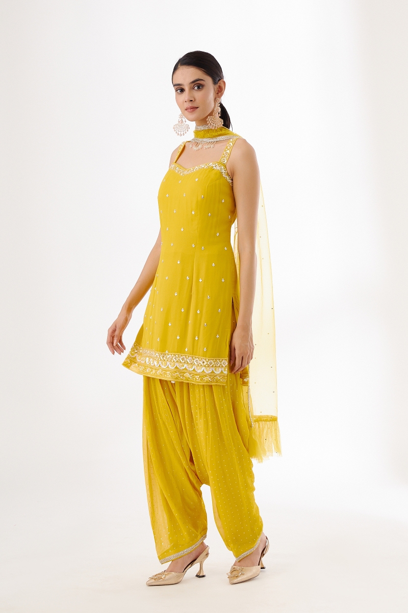Yellow Pink Combination Salwar Kameez Angrakha Style Kurta Gota work  Sharara Dupatta Dress
