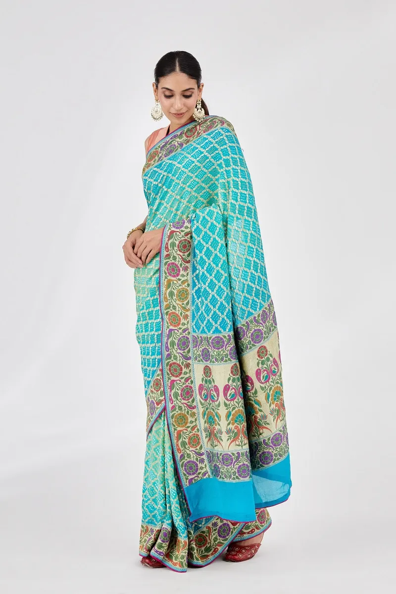 Sea Green Meenakari Bandhani Saree