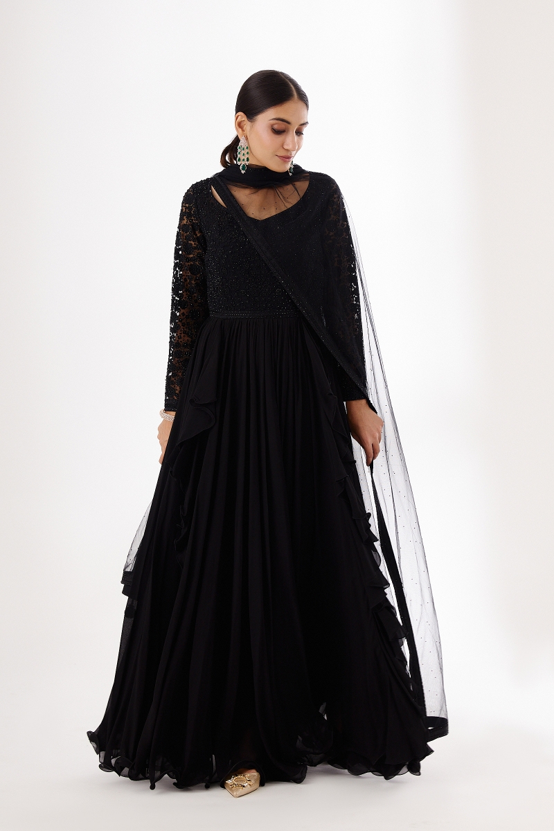 Black Cape Anarkali Gown With Embroidery Work SFIN5209 – ShreeFashionWear