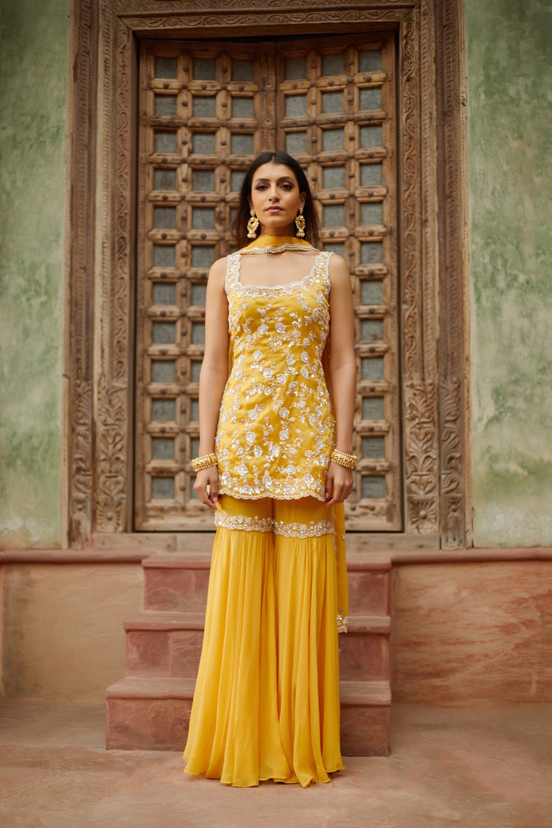 Yellow Raw Silk Sharara suit – House of Dharaa