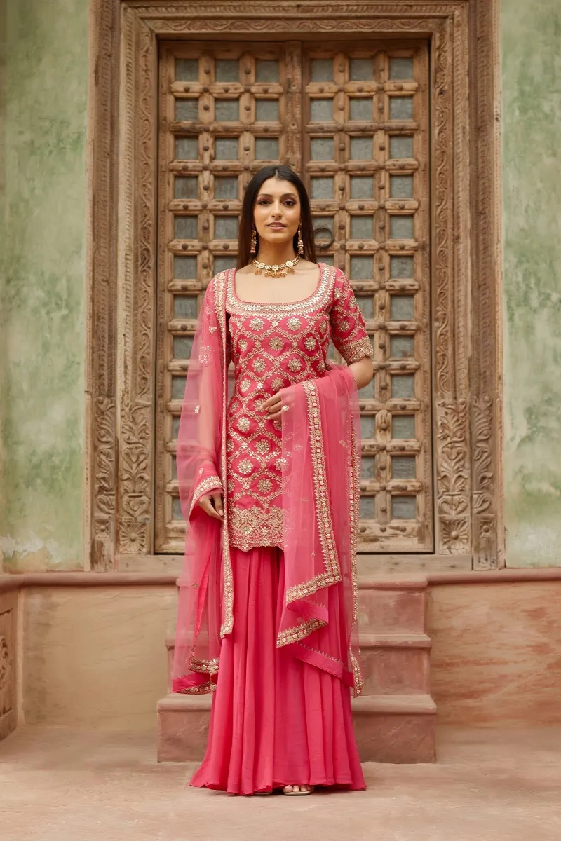 open lace back dress Esha Koul — Onion Pink Peplum Kurta Sharara Set – Fabilicious Fashion main image 1