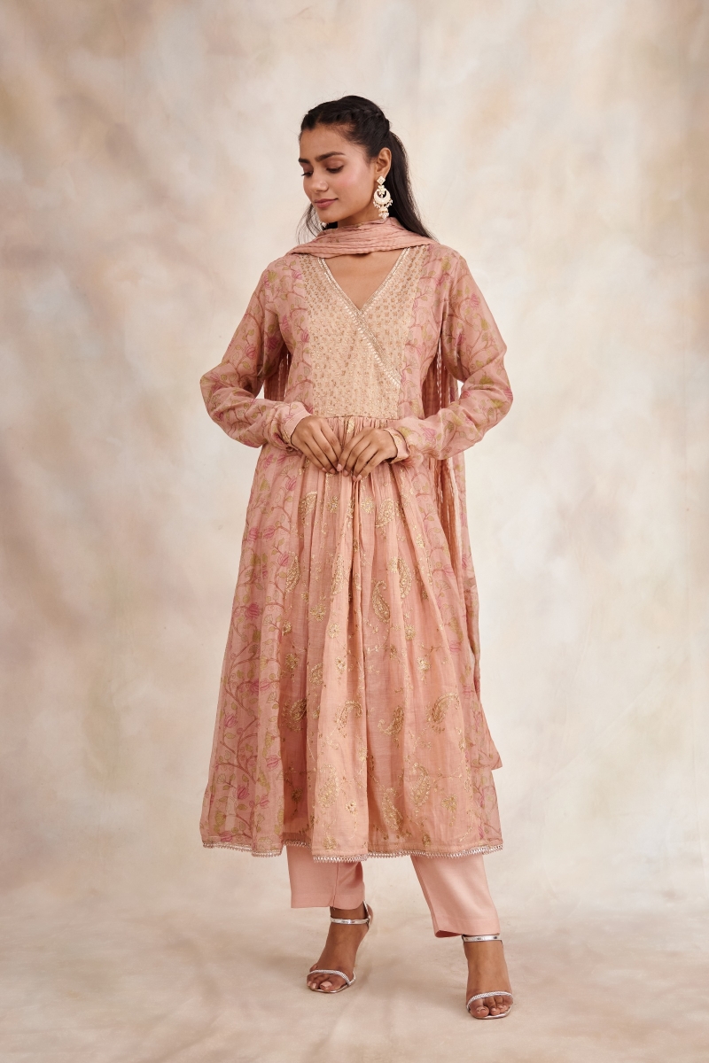 Dharan Gulista Pink Embroidered Angrakha Kurta For Women Online – Okhaistore
