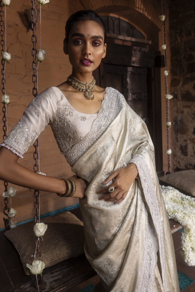 Silver Tissue Saree Jewellery On Silver Saree Silver Zari Cotton