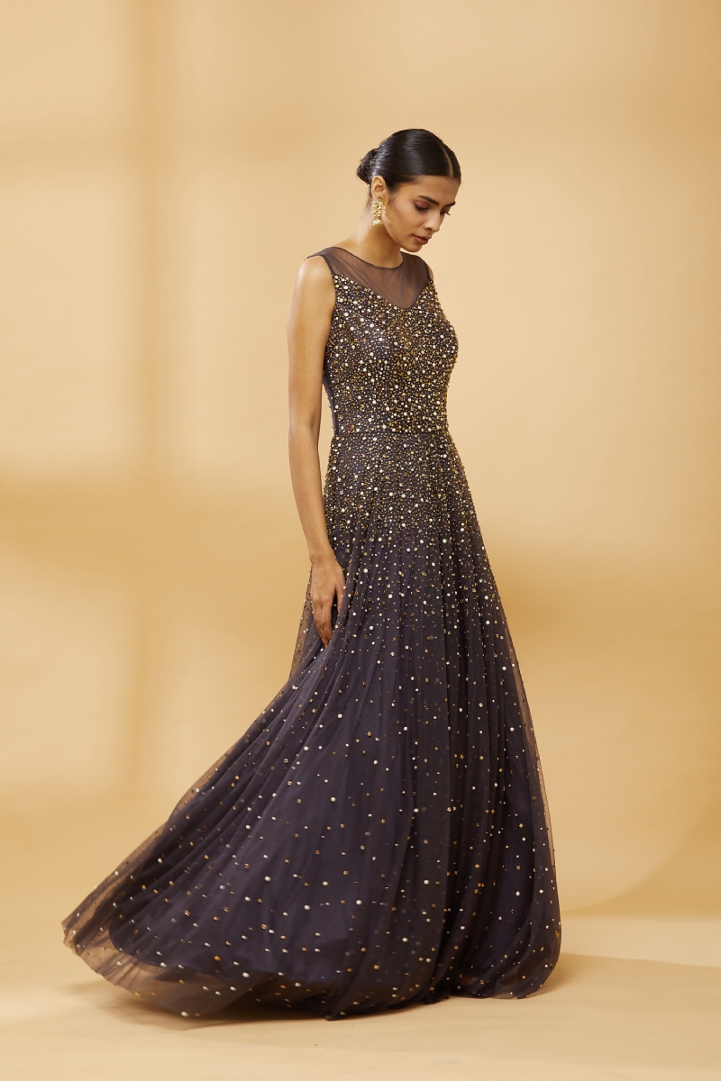 Buy Mid Night Blue Shimmer Net Gown For Women Online