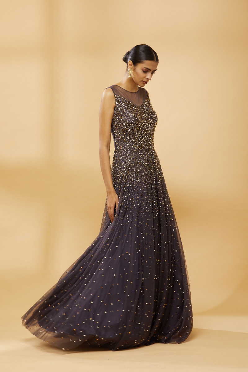 Buy Blue Net Embroidered Floral V Neck Aaira Gown For Women by Jade by  Monica and Karishma Online at Aza Fashions.