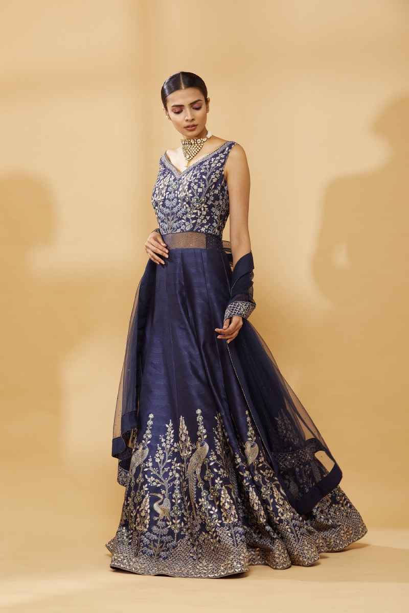 Festive Wear Navy Blue Color Taffeta Silk Designer Embroidered Work Full  Stitched Gown Dupatta at Rs 1799.00 | Embroidered Gown | ID: 25696163548