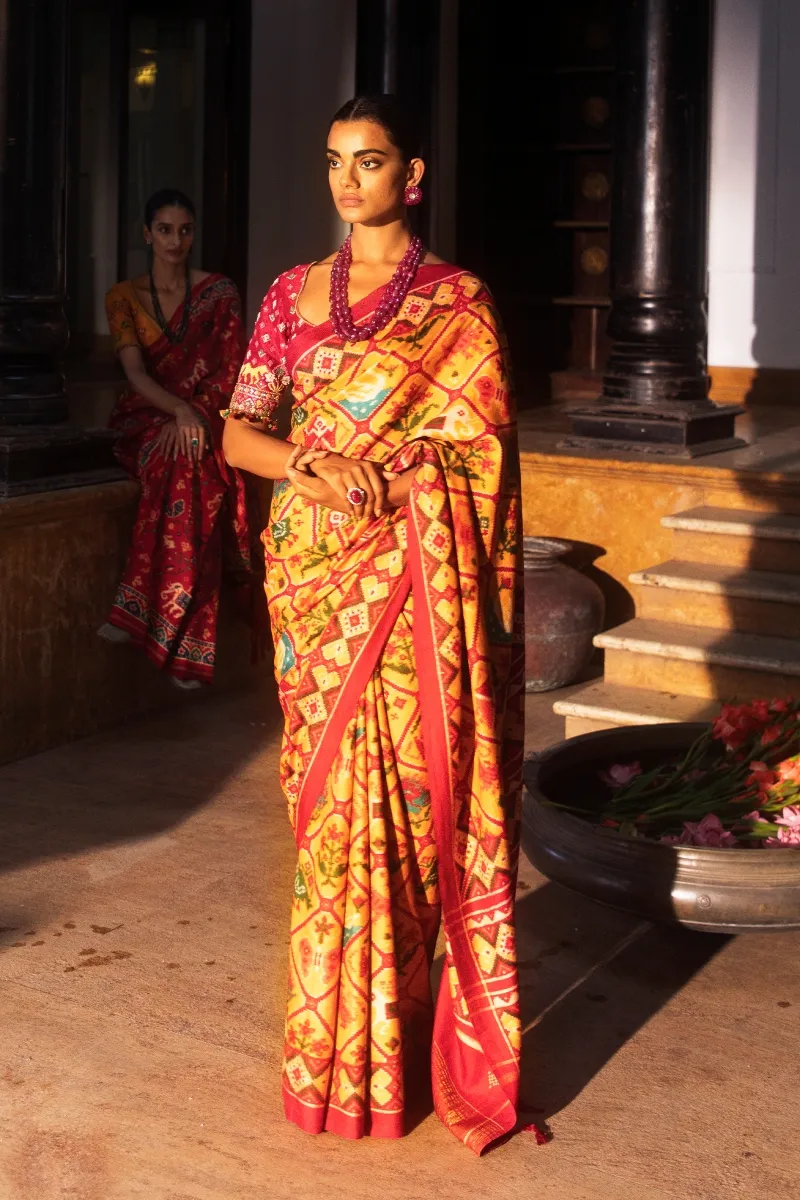 Indian Yellow Patan Patola Sari- Frontier Raas