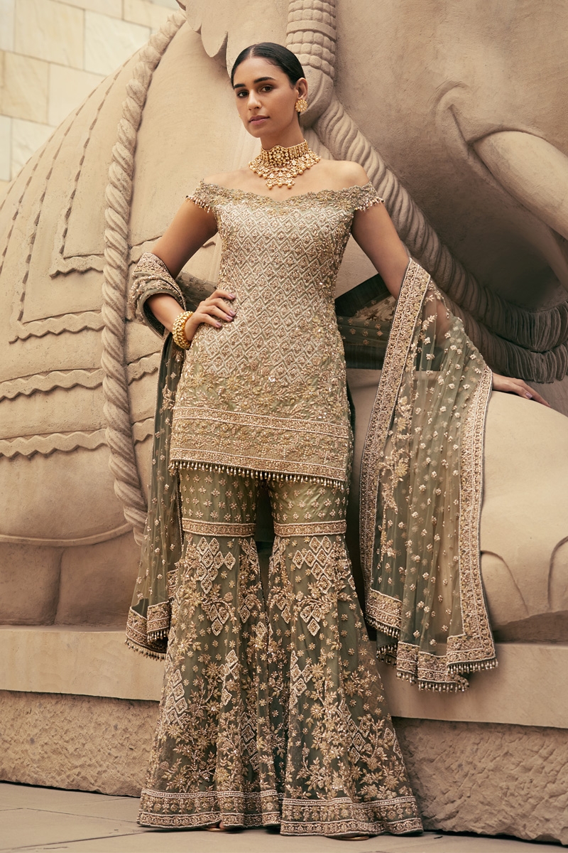 Buy Dusty Green Embroidered Garara Set For Women Online