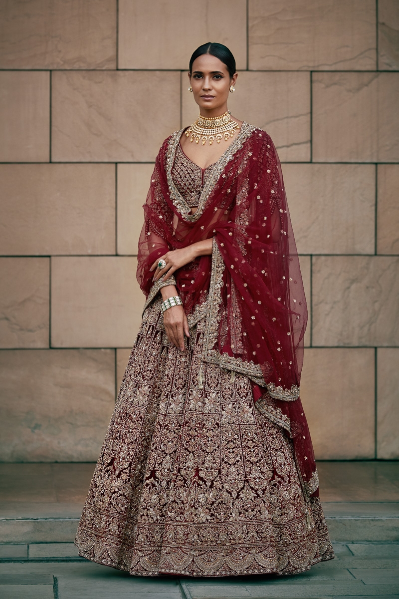 Bridal lehenga in cherry red top