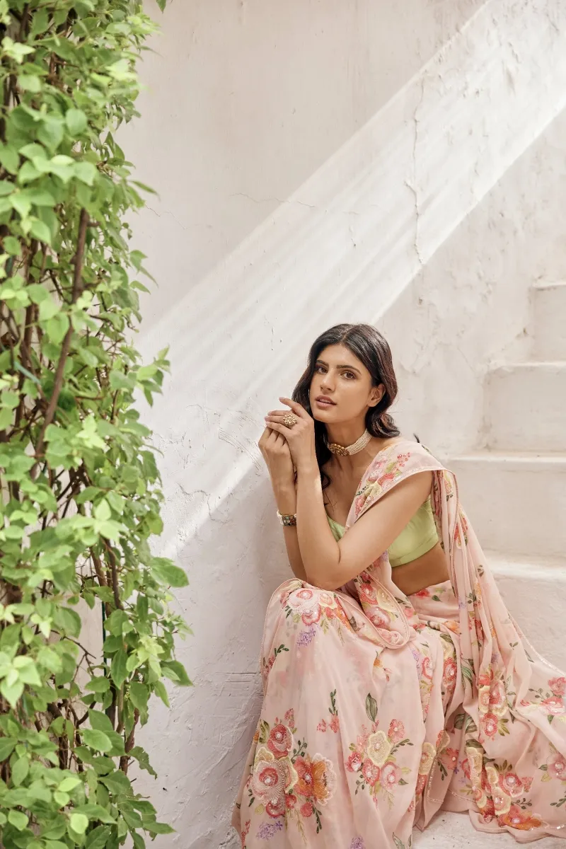 Peach Printed Chiffon Saree- Frontier Raas