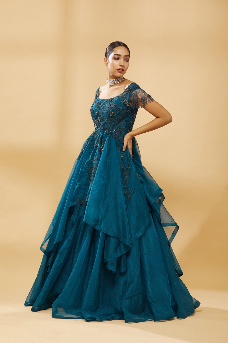 Deep Teal Blue Designer Embroidered Satin Anarkali Gown | Anarkali gown,  Gowns, Designer gowns