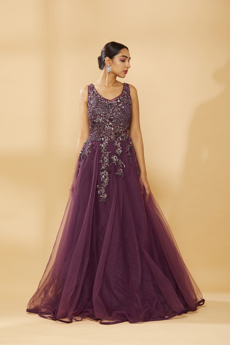 Party Wear Multi Sequins Work Wine Color Gown – Amrutamfab