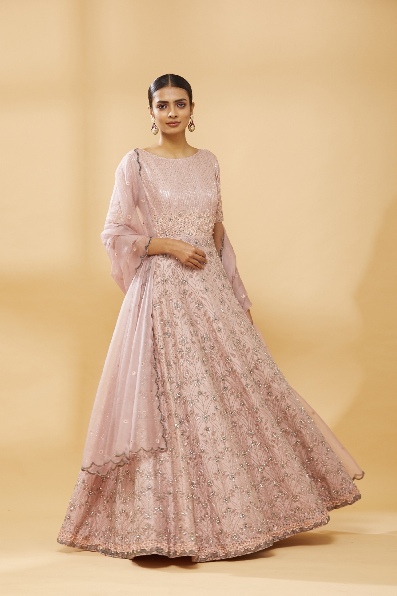 Georgette Embroidered Party Special Flower Printed Pink Anarkali Gown at Rs  2050 in Dehradun