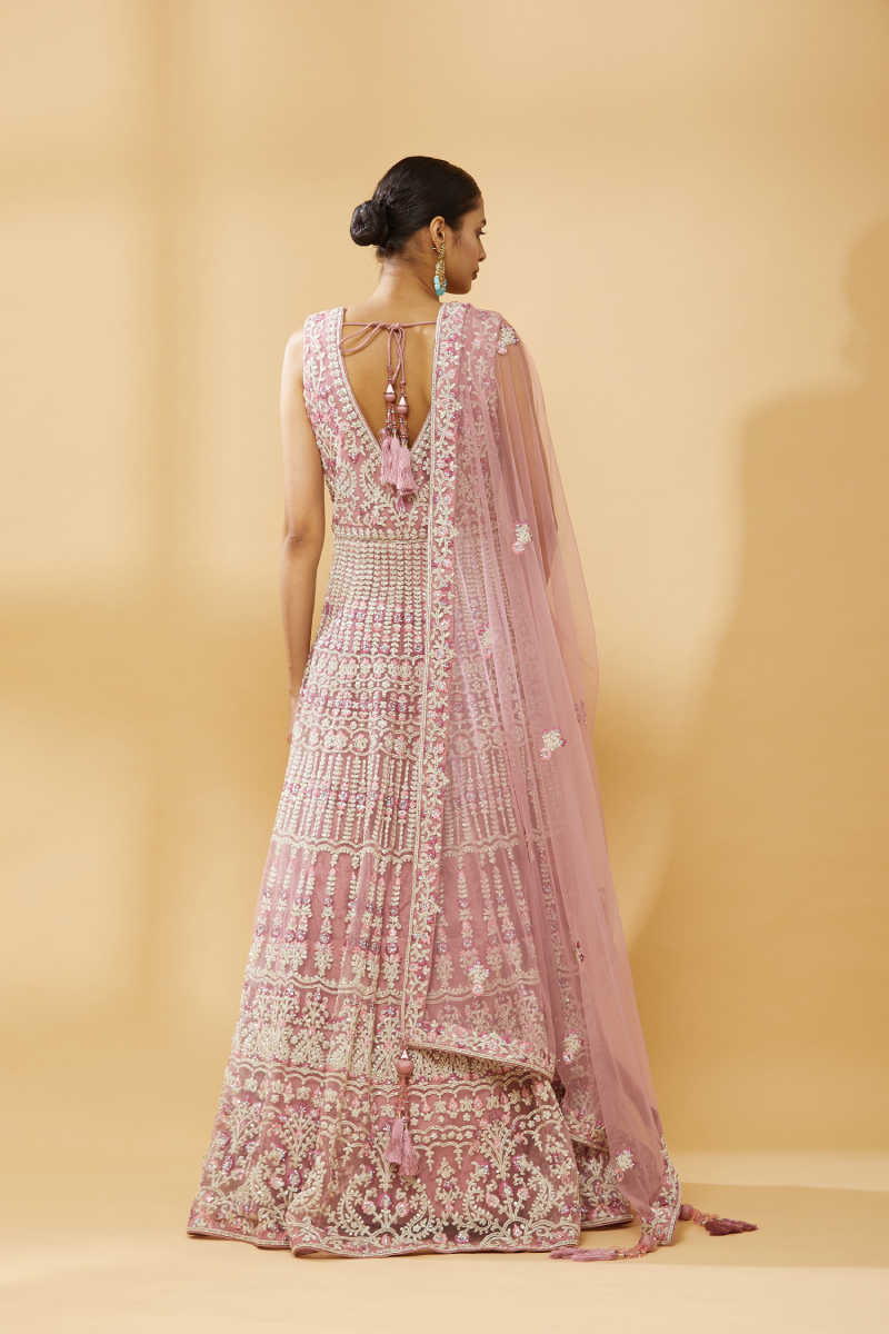 Mix Flower Work Sleeve Gown With Sash Dupatta And Belt -  Isliebypriyajain.com