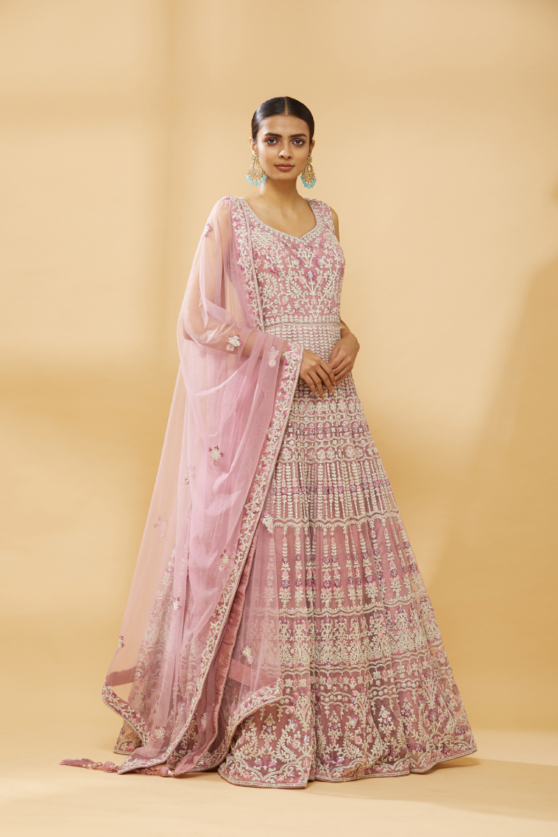 Spectacular Peach Colored Designer Gown with Dupatta