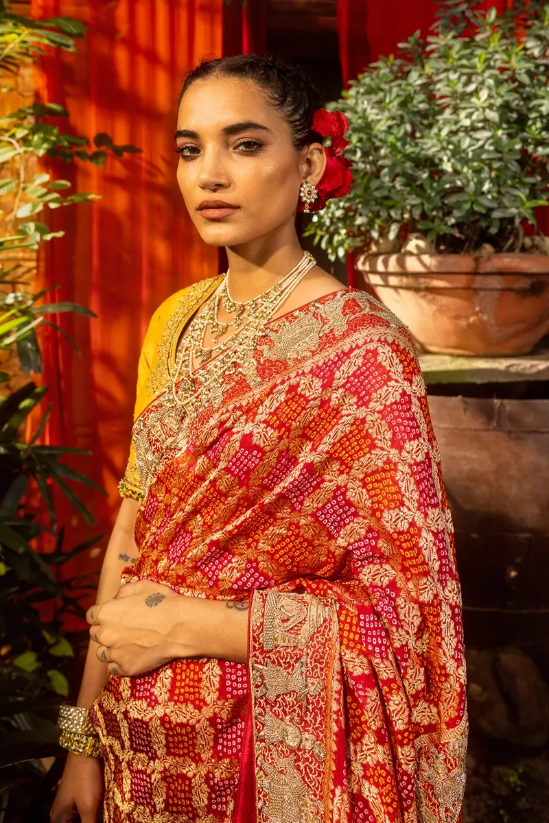 Red Banarasi Weave Bandhani Saree Frontier Raas