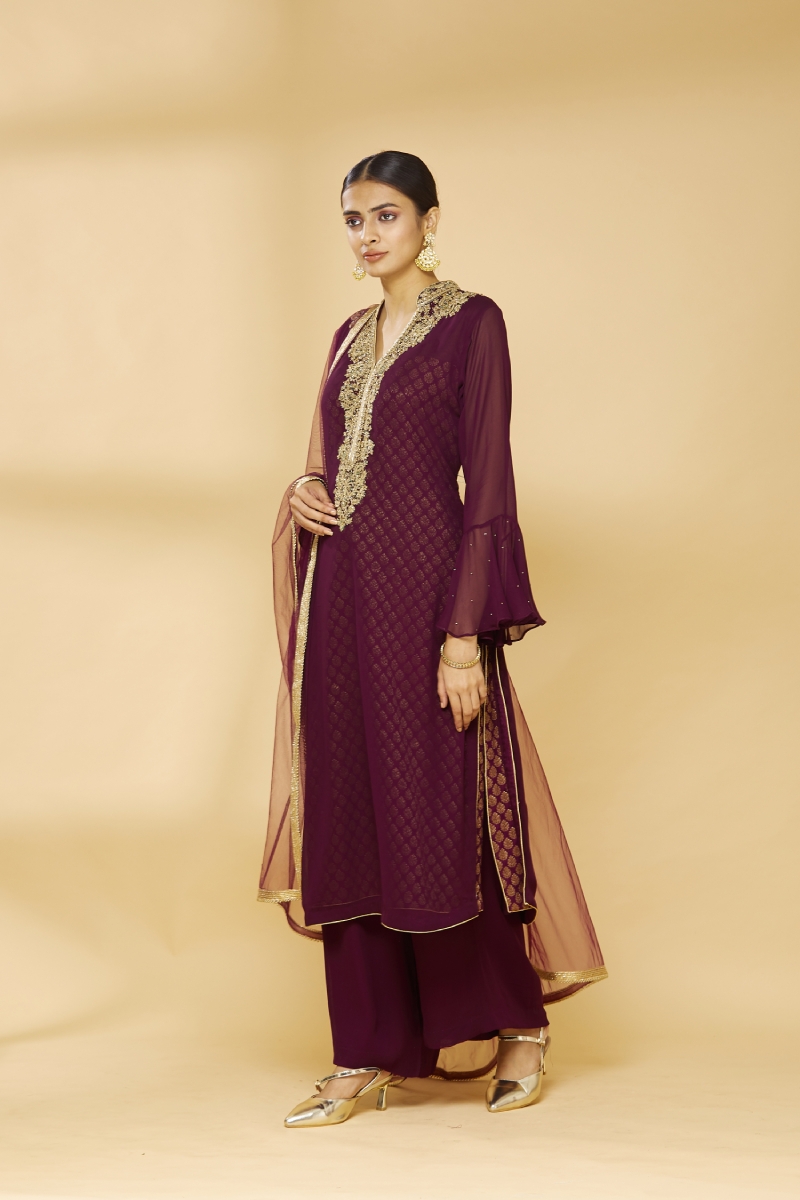 Buy Wine Embroidered Plazzo Suit For Women Online