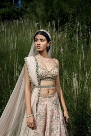 Peach Pink Organza Lehenga -M