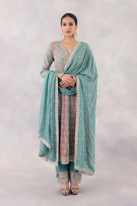 Teal Rose Georgette Anarkali set