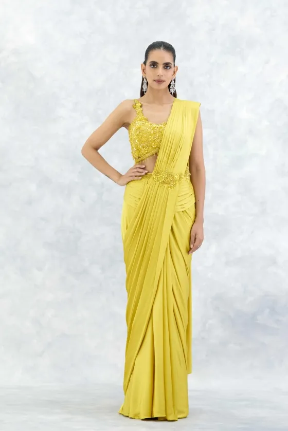 Yellow Satin Drape Saree