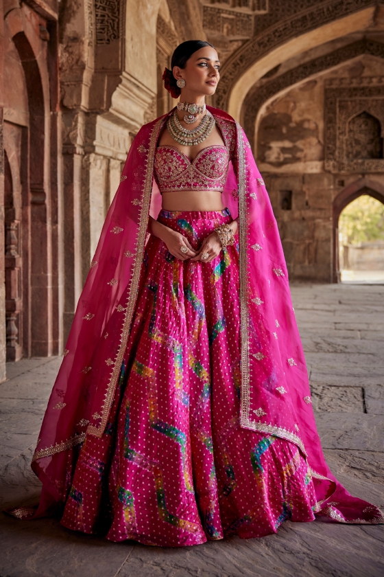 Rani Pink Silk Bandhani Lehenga