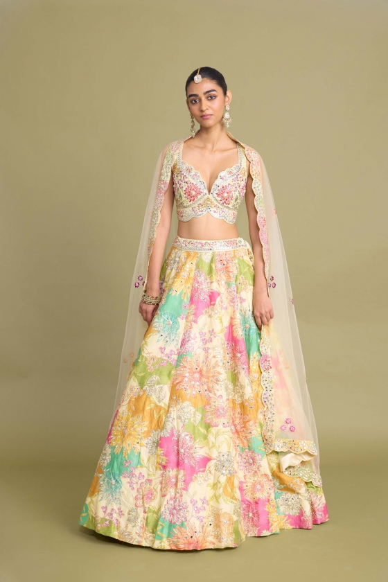 Ivory White Floral White Printed Raw Silk Lehenga 