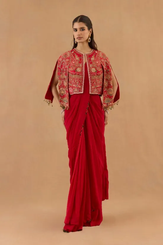 Red Crepe Drape Saree