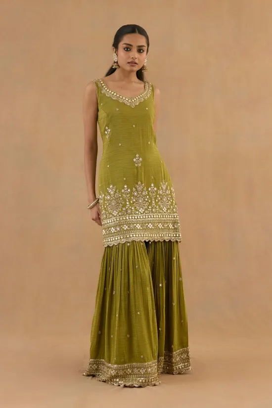 Olive Green Tissue Silk Garara Set