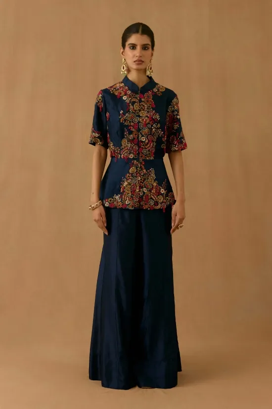 Navy Blue Silk Sharara set