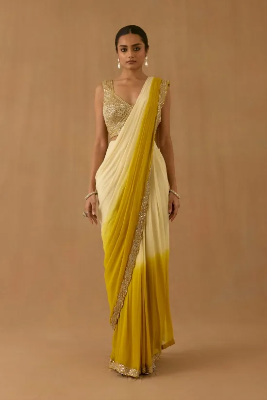 Mustard Ombre Organza Drape Saree