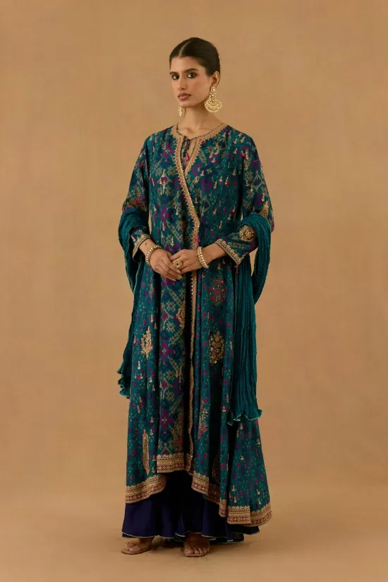 Peacock Blue Silk Sharara Set