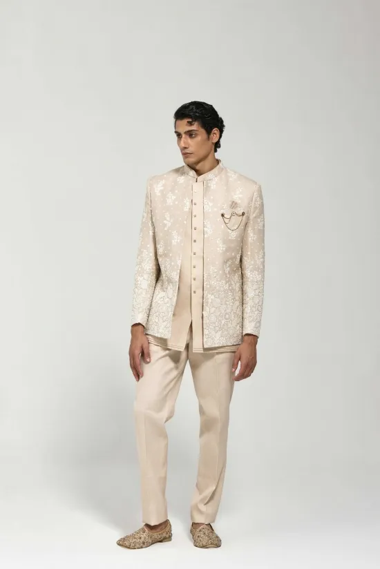 Beige Floral Half Jacket Set Beige Floral Half Jacket Set
