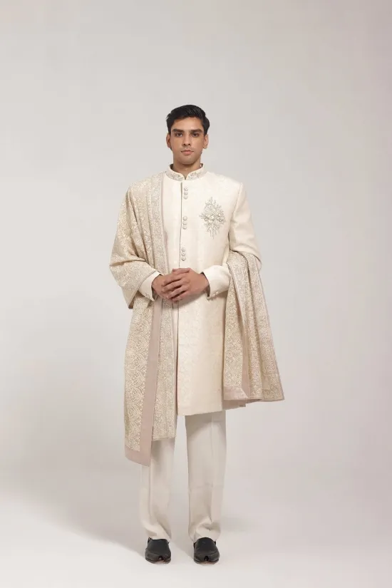 Beige Brocade Sherwani Set Beige Brocade Sherwani Set