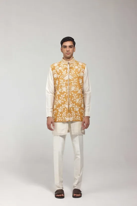 Mustard Embroidered Half Jacket Set