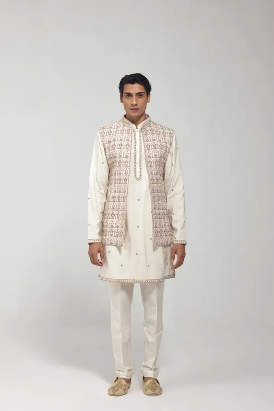 Ivory Embroidered Raw Silk Half Jacket Set
