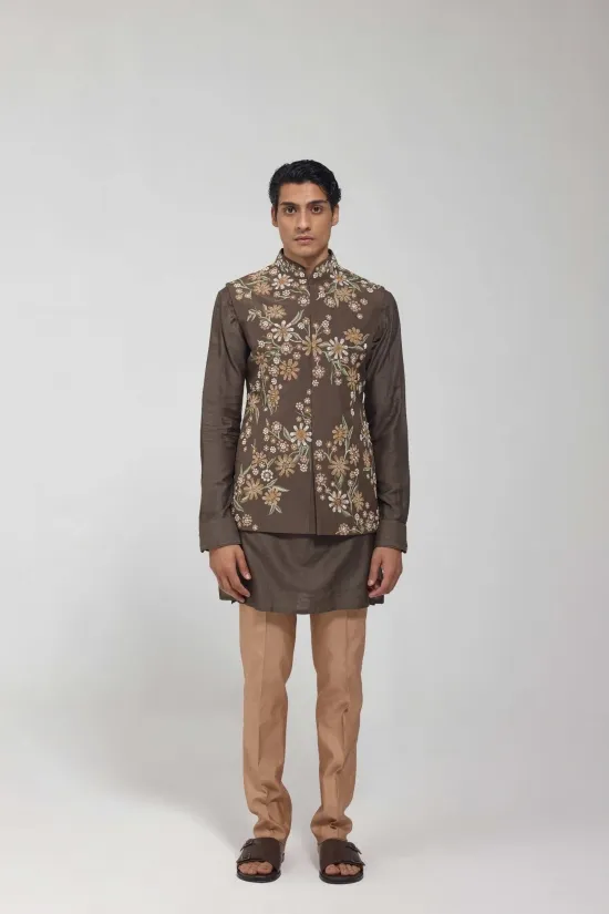 Olive Green Dupion Silk Embroidered Half Jacket Set Olive Green Dupion Silk Embroidered Half Jacket Set