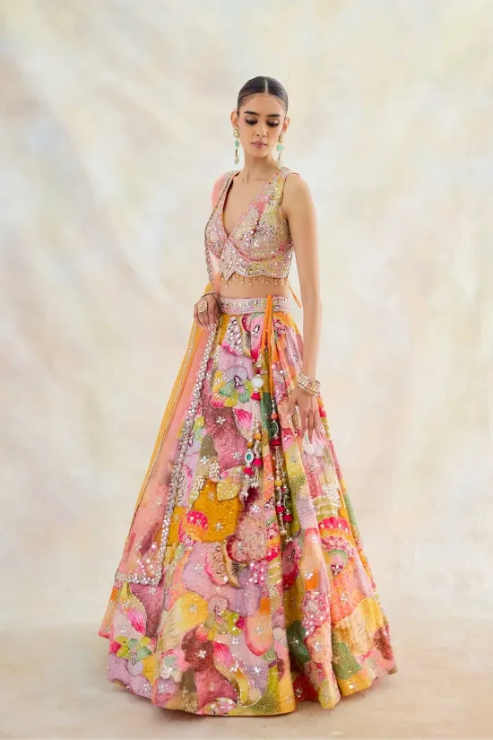 Multicolor Silk Lehenga Set